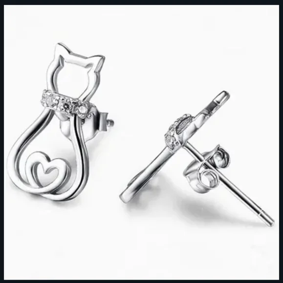 🐱🐱NEW🐱🐱ADORABLE!! Hollow Cat Earring with CZ'S on the collar in 925 Silver - Picture 2 of 13